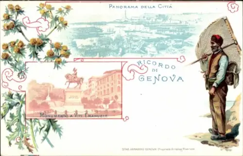 Litho Genova Genua Liguria, Panorama, Monumento a Vittorio Emanuele