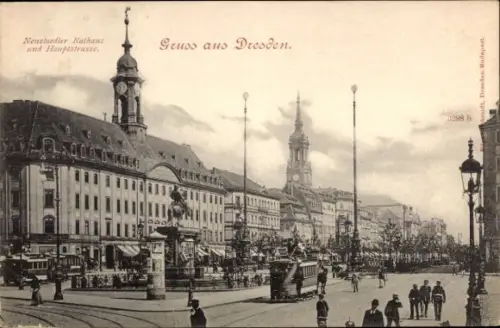 Ak Dresden Neustadt, Neustädler Rathaus, Hauptstraße, Straßenbahn