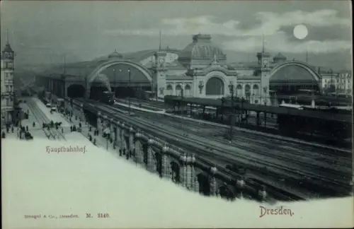 Mondschein Ak Dresden Altstadt Seevorstadt, Hauptbahnhof