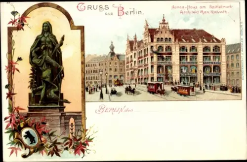 Litho Berlin Mitte, Hansa Haus am Spittelmarkt, Pferdestraßenbahn, Denkmal