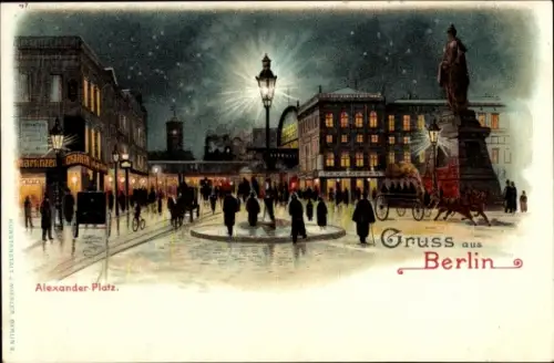 Litho Berlin, Alexanderplatz bei Nacht