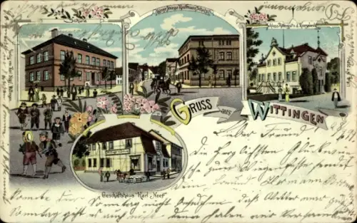 Litho Wittingen Niedersachsen, Schule, Geschäftshaus Karl Neef, Schloss, Rittergut, Kaufmann Schulz