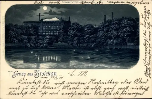 Mondschein Ak Zwickau in Sachsen, Schwanenteich bei Nacht