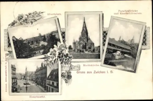 Ak Zwickau in Sachsen, Albertplatz, Markt, Paradiesbrücke, Ebertschlösschen, Moritzkirche