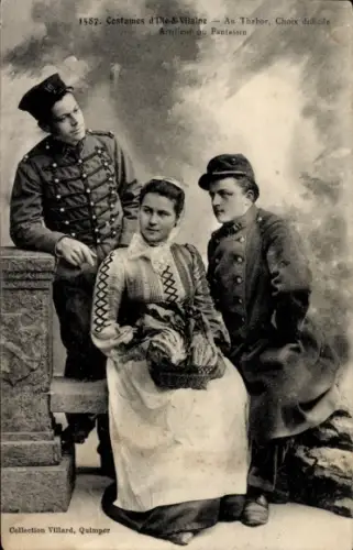 CPA Costumes d'Ille-et-Vilaine, Au Thabor, Choix difficile, Artilleur ou Fantassin