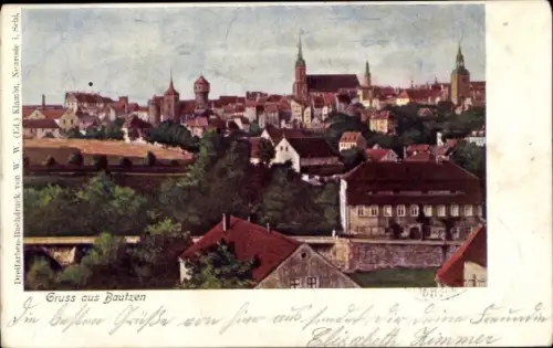 Ak Bautzen in der Oberlausitz, Aussicht auf   Stadtansicht, Kirche, Häuser, Landschaft