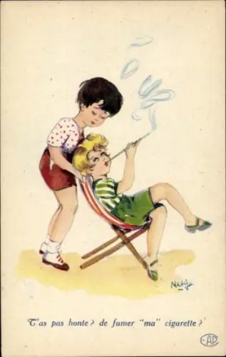 Künstler Ak Rauchendes Mädchen, Klappstuhl