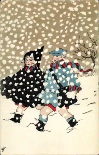 Ak Kinder laufen im Schnee, Winter