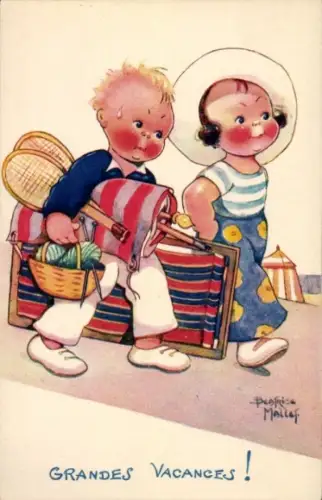 Künstler Ak Mallet, Beatrice, Grandes Vacances, Junge trägt Gepäck, Tennisschläger