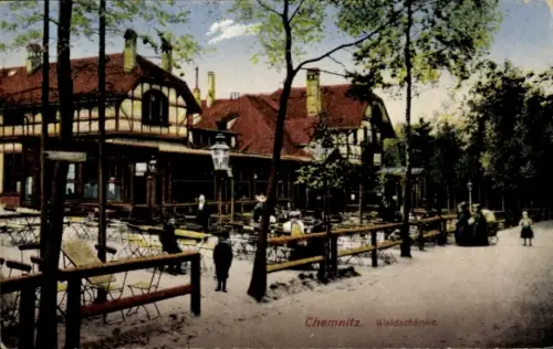 Ak Chemnitz in Sachsen, Waldschänke, Bäume, Restaurant, Menschen, Sitzplätze, Traufen