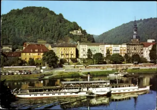 Ak Bad Schandau, Elbdampfer Weltfrieden, Ortsansicht