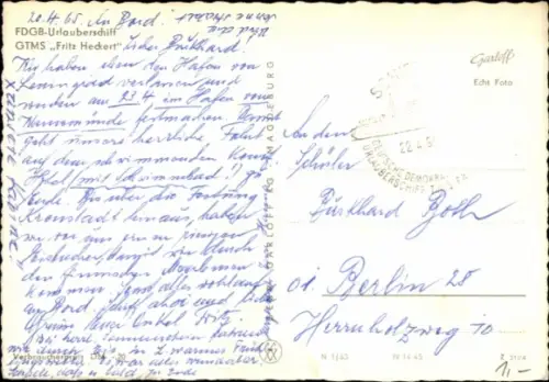 Ak FDGB Urlauberschiff TMS Fritz Heckert