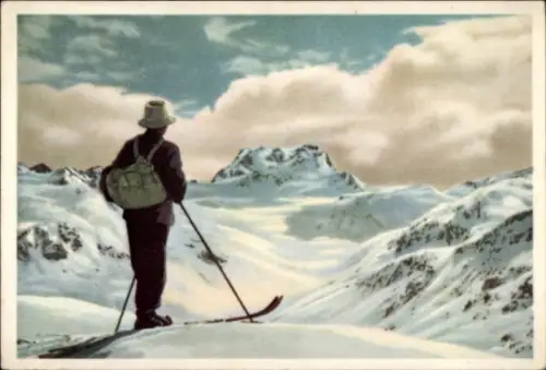 Ak Skifahrer in den Bergen, Rucksack, Wolkenmeer, Schnee