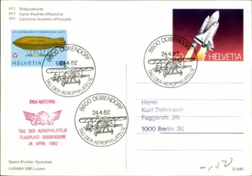 Ganzsachen Ak Schweiz, Space Shuttle, Spacelab, Luraba 1981 Luzern