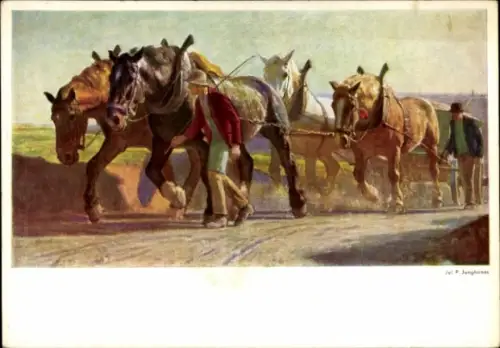 Künstler Ak Junghanns, Jul. P., Schwere Arbeit, Pferdegespann zieht einen Wagen, Bauern