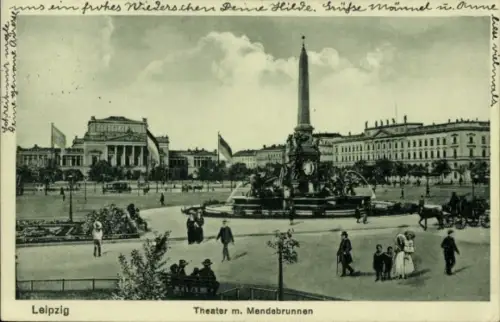 Ak Leipzig, Theater m. Mendebrunnen, Stadtansicht, Monument, Menschen, Pferdewagen
