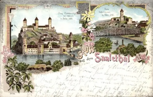 Litho Halle an der Saale, Panorama, Saalethal, Burg Giebichenstein, Brücke