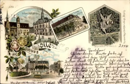 Litho Halle an der Saale, Riebeckplatz, Kaiser Denkmal, Marktplatz