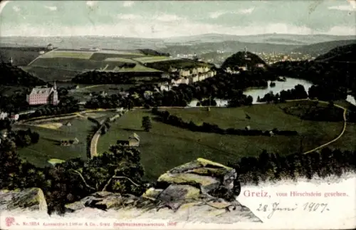 Ak Greiz im Vogtland Thüringen, Panorama von  Blick vom Hirschstein, Landschaft mit Fluss und Wäl