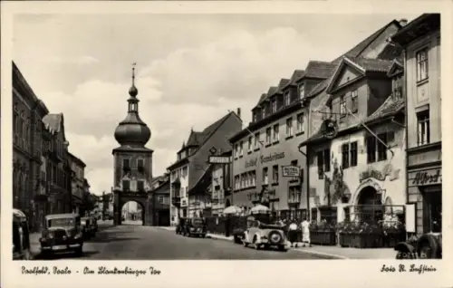 Ak Saalfeld in Thüringen, Blankenburger Tor, Geschäftshäuser