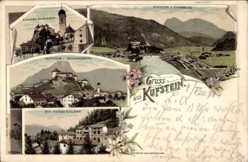 Litho Kufstein in Tirol, Schloss, Panorama vom Kalvarienberg, Bad Kienbergsklamm