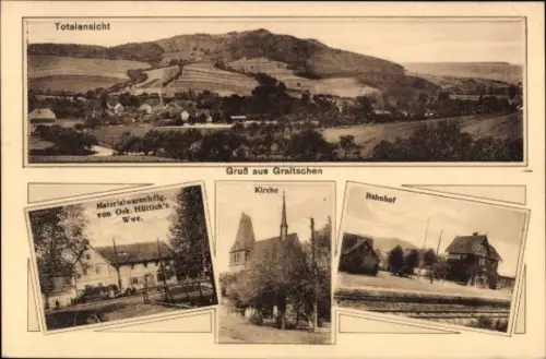 Ak Graitschen bei Bürgel Thüringen, Gesamtansicht, Bahnhof, Kirche, Geschäft