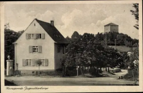 Ak Harzgerode am Harz, Harzgerode Jugendherberge, Gebäude mit Bäumen und Aussichtsturm