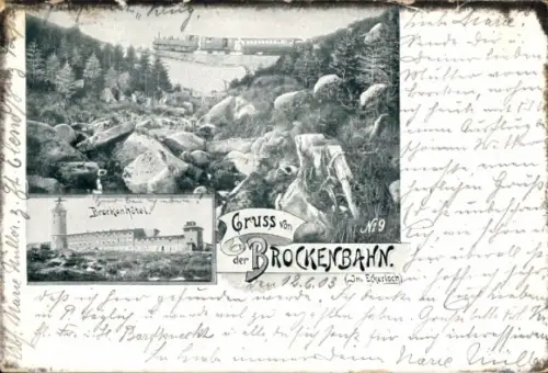 Litho Brocken Nationalpark Harz, Ansicht vom Brockenhotel, Brockenbahn