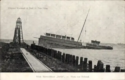 Ak Hoek van Holland Rotterdam Südholland Niederlande, Wrak Harwichboot Berlin