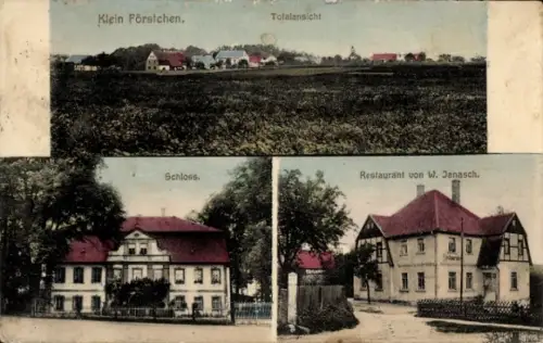 Ak Dreistern Kleinförstchen Göda in der Oberlausitz, Totale, Schloss, Restaurant