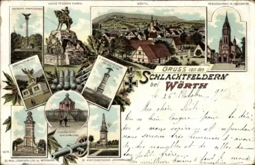 Ak Wörth am Rhein, Verschiedene Denkmäler, Kaiser Friedrich Denkmal, Schlachtfelder, Wörth