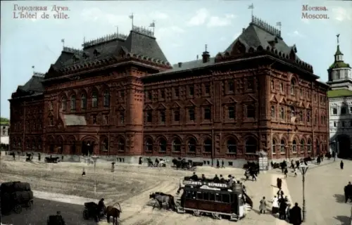 Ak Moskau Russland, Stadtverwaltung, L'hôtel de ville, Moskauer Architektur, Pferdefuhrwerke