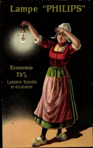 Künstler Ak Philipps, Frau in niederländischer Tracht mit Glühbirne, Reklame