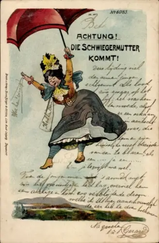 Litho Achtung, Schwiegermutter kommt, Frau mit rotem Regenschirm