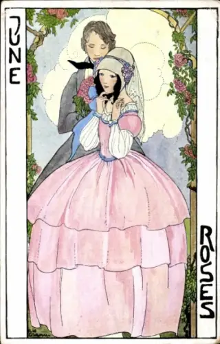 Künstler Ak Cramer, Rie, June, Roses, Allegorie, Liebespaar