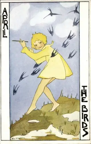 Künstler Ak Cramer, R., Allegorie, Monat April, Kind, Schwalben