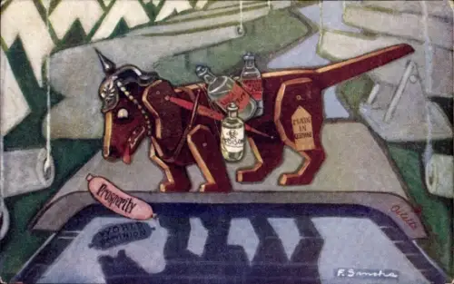 Künstler Ak De Hond en zijn schaduw, Dackel, Kanonen, Allegorie Deutsches Reich, Fabel, Karikatur