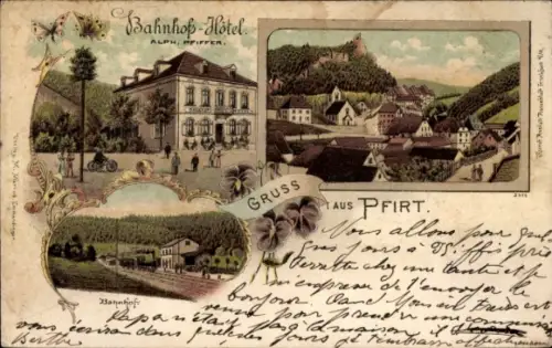 Litho Pfirt Ferrette Elsass Haut Rhin, Bahnhofs-Hotel, Inh. Alph. Pfiffer, Bahnhof, Gesamtansicht