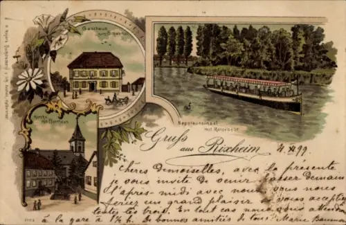 Litho Rixheim Elsass Haut Rhin, Gasthaus zum Schwanen, Napoleonsinsel, Motorboot, Kirche