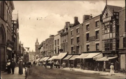 Ak Shrewsbury Shropshire England, Stadtansicht von  Pride Hill,  Gebäude, Menschen, Fahrzeuge