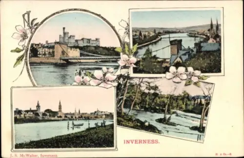 Ak Inverness Schottland, Verschiedene Ansichten von  Fluss, Brücke, Gebäude, Natur, Blumen