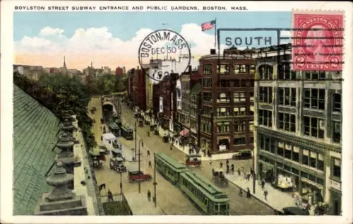 Ak Boston Massachusetts USA, Boylston Street U-Bahn Eingang, öffentliche Gärten, Straßenbahn, Geb