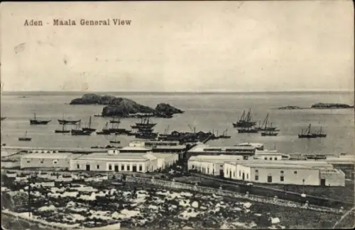 Ak Maalla Foreshore Aden,  Maala, Blick auf das Meer, Schiffe im Hafen, Gebäude im Vordergrund