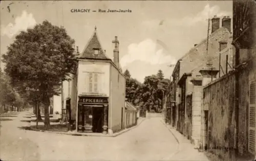 Ak Chagny Saône et Loire, Rue Jean-Jaurès, Epicerie, Bäume, Straßenansicht