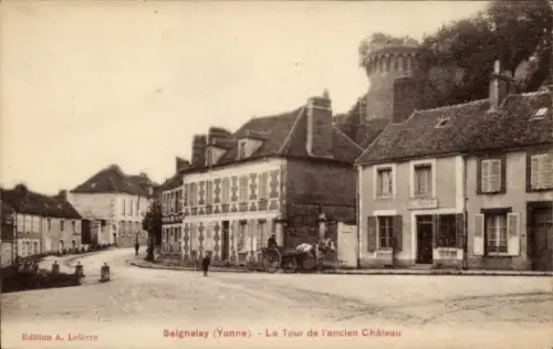 Ak Seignelay Yonne, Seignelay, La Tour de l'ancien Château,  Gebäude, Pferdewagen