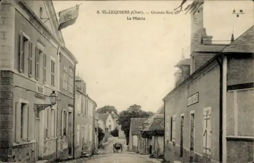 Ak Villequiers Cher, Vorderansicht der Grande Rue, La Mairie, Pferd auf der Straße