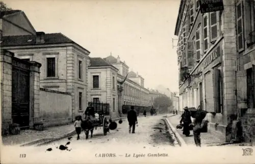 Ak Cahors Lot, Straße mit Lycée Gambetta, Kinder, Eselkarren 
