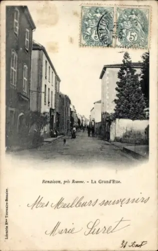 Ak Renaison Loire, Straße in  Poststempel, zwei Briefmarken, Text auf Französisch