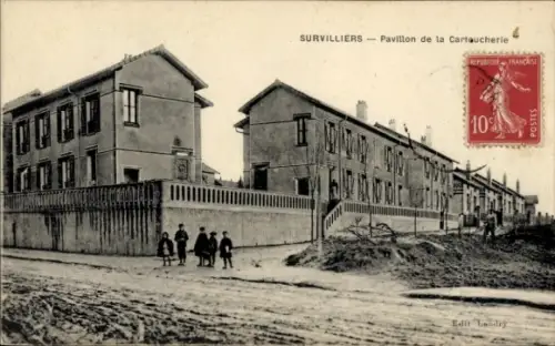 Ak Survilliers Val d'Oise, Pavillon de la Cartoucherie, 4 Kinder auf der Straße, Poststempel