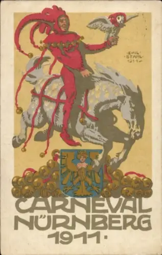 Künstler Ak Stahl, Emil, Nürnberg, Carneval 1911, Narr mit Eule, Wappen